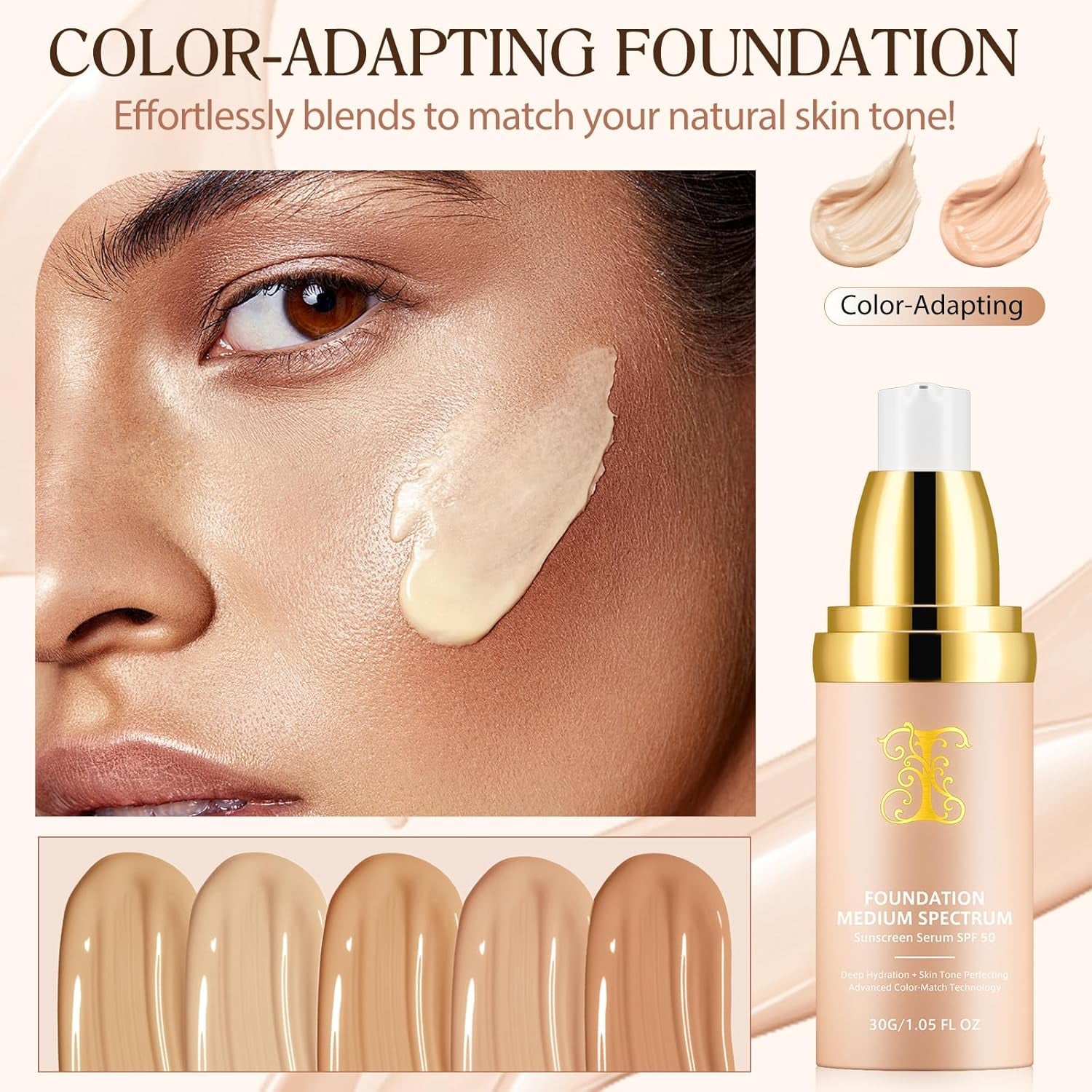 Transformative Colour Changing Foundation - 4-in-1 Medium Full Coverage with SPF 50+, Hydrating & Longwearing for Active Lifestyles